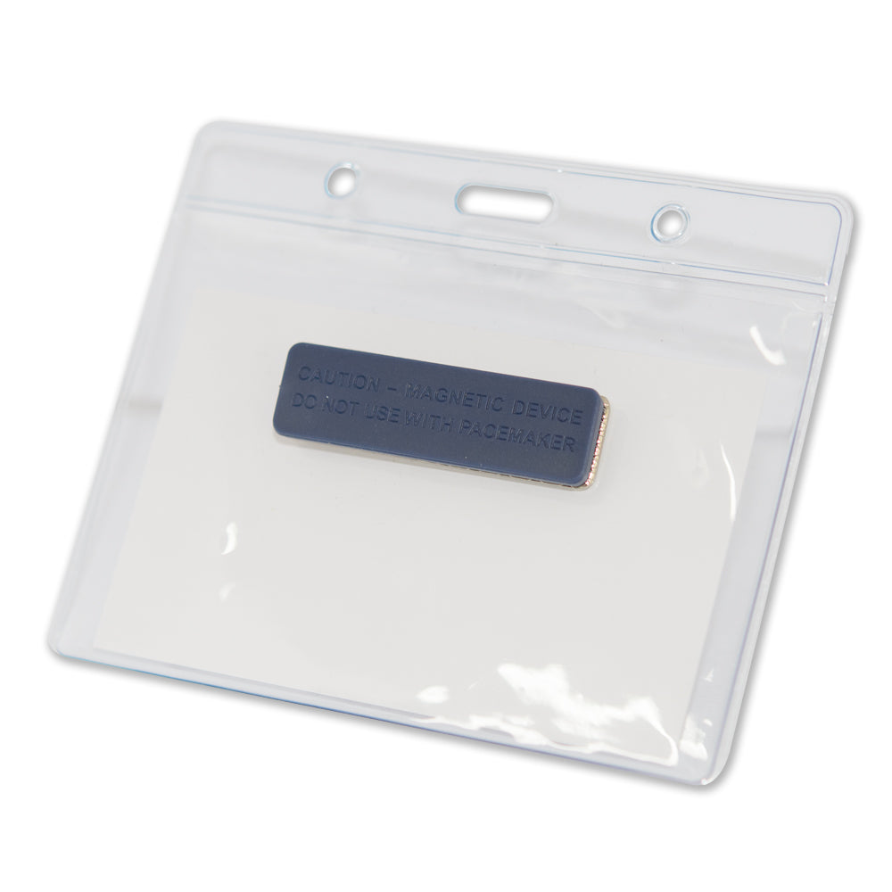 Magnetic Name Badge with Pacemaker Warning | Clear Horizontal Plastic ID Card Holder 4"x 3" | 1 PACK