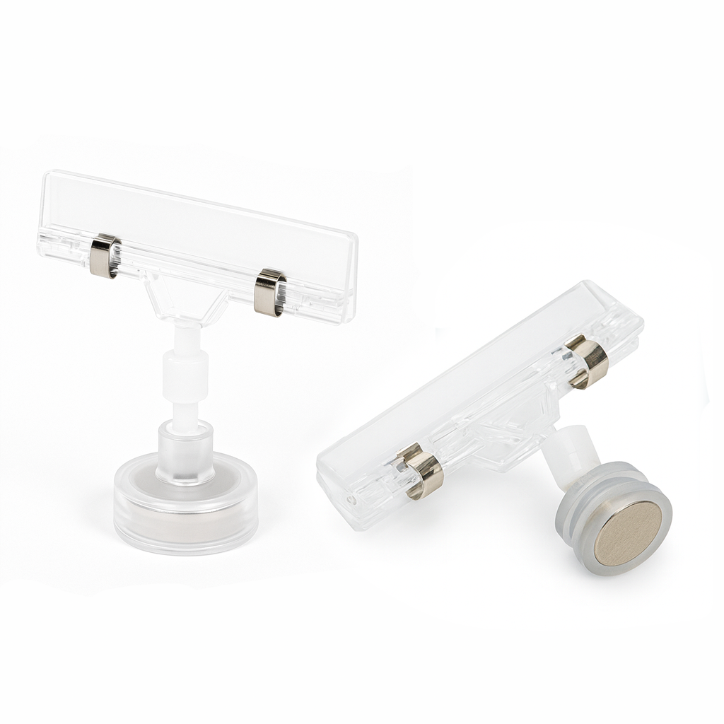 Acrylic Sign Holders with Magnetic Base – 80mm x 54mm with D16mm Base (Pack of 2)