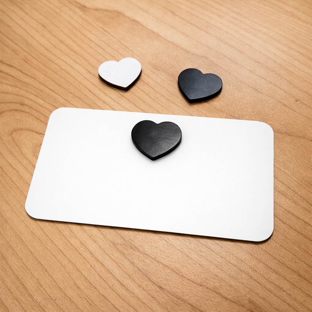 Two black heart-shaped objects and one white heart-shaped object on a white card against a wooden background.