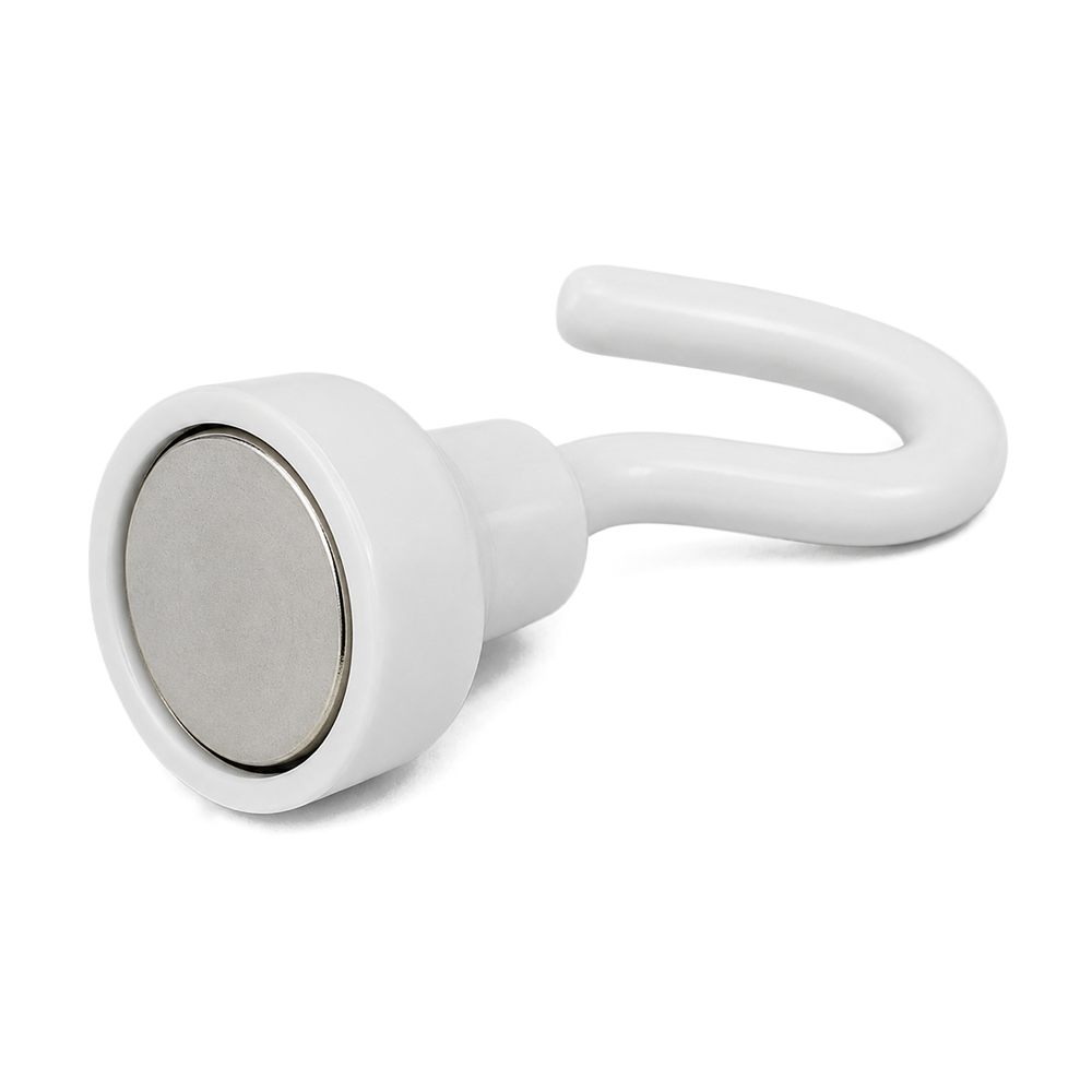 White Hook Magnet | Neodymium Pot Magnet with Threaded Hook - 12mm (D) x 30mm (H)