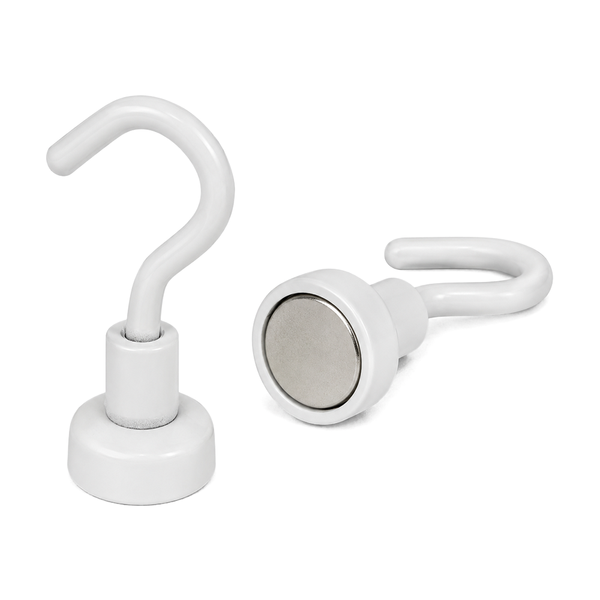White Hook Magnet | Neodymium Pot Magnet with Threaded Hook - 12mm (D) x 30mm (H)
