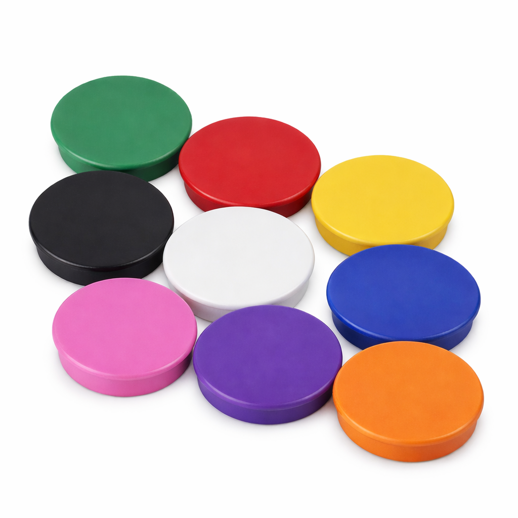 Multi-Coloured Ferrite Button Magnet with Plastic Coating | 9 Pack