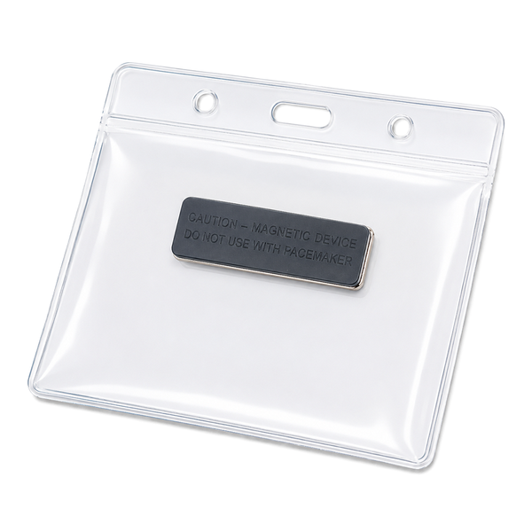 Magnetic Name Badge with Pacemaker Warning | Clear Horizontal Plastic ID Card Holder 4"x 3" | 1 PACK