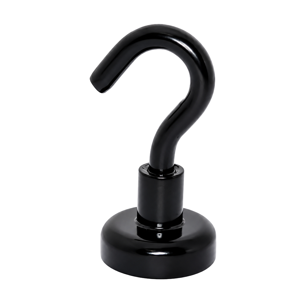 Black Hook Magnet | Neodymium Pot Magnet with Threaded Hook - 16mm (D) x 37mm (H)