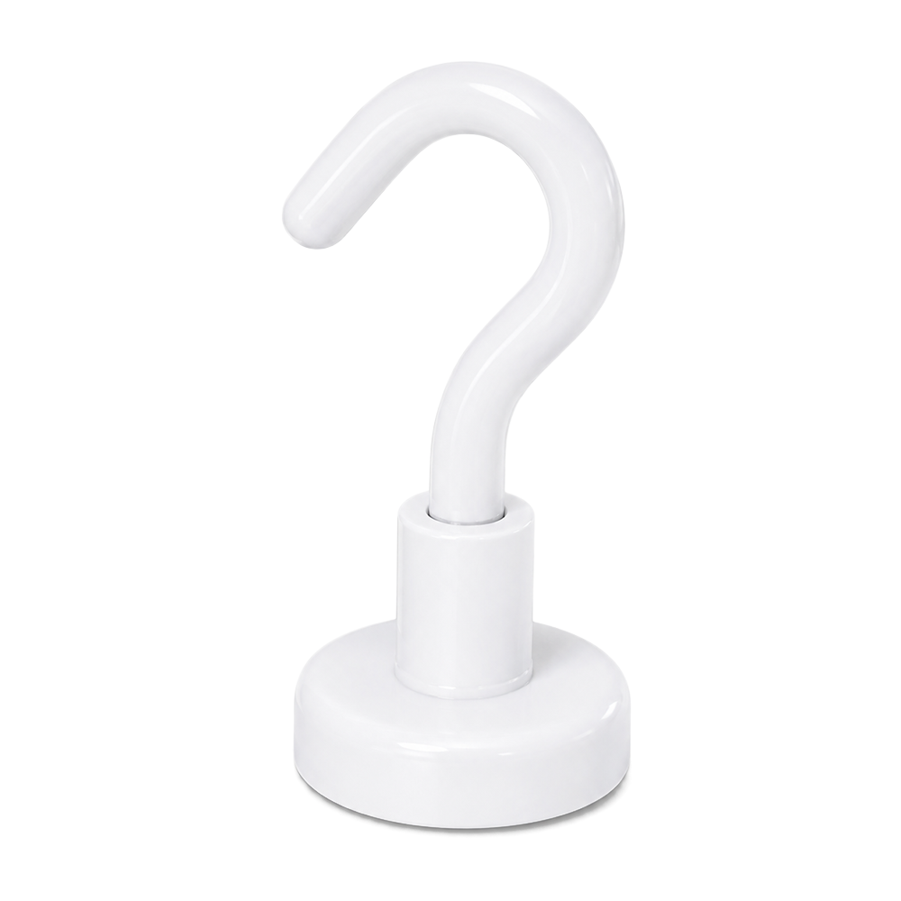 White Hook Magnet | Neodymium Pot Magnet with Threaded Hook - 16mm (D) x 37mm (H)