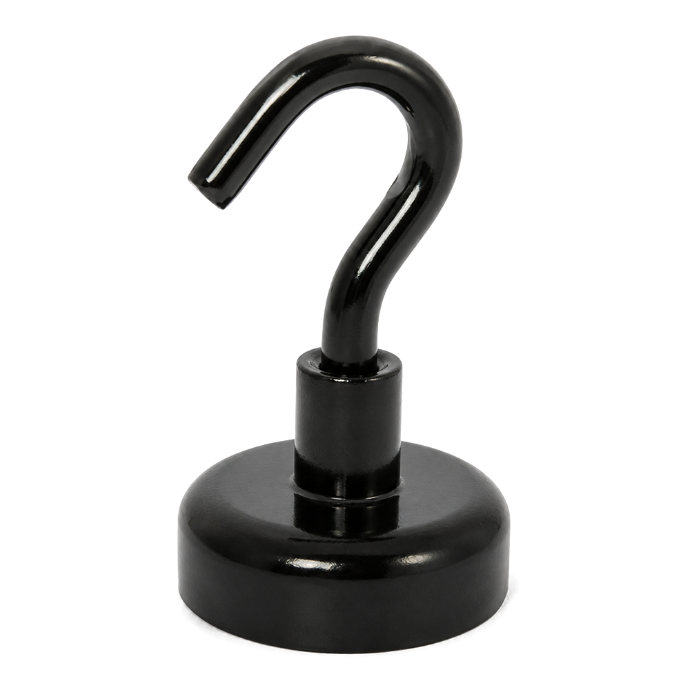 Black Hook Magnet | Neodymium Pot Magnet with Threaded Hook - 20mm (D) x 37mm (H)
