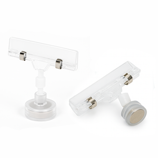 Acrylic Sign Holders with Magnetic Base – 80mm x 54mm with D16mm Base (Pack of 2)