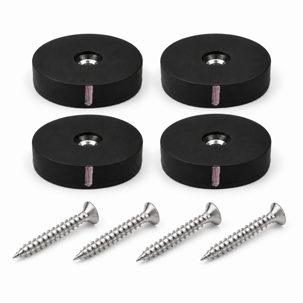 Rubber Coated Magnetic Latch Kit - Includes 4 Rubber Coated Neodymium Pot Magnets (D34mm x H8mm) and 4 Stainless Steel Countersunk Screws