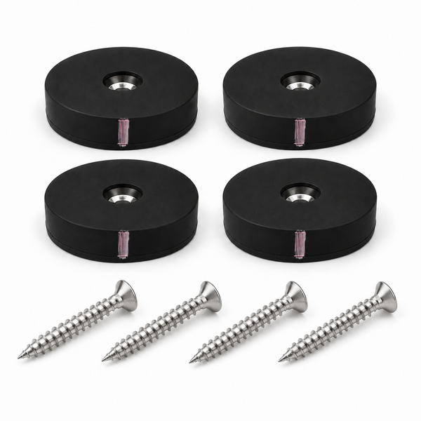 Rubber Coated Magnetic Latch Kit - Includes 4 Rubber Coated Neodymium Pot Magnets (D34mm x H8mm) and 4 Stainless Steel Countersunk Screws