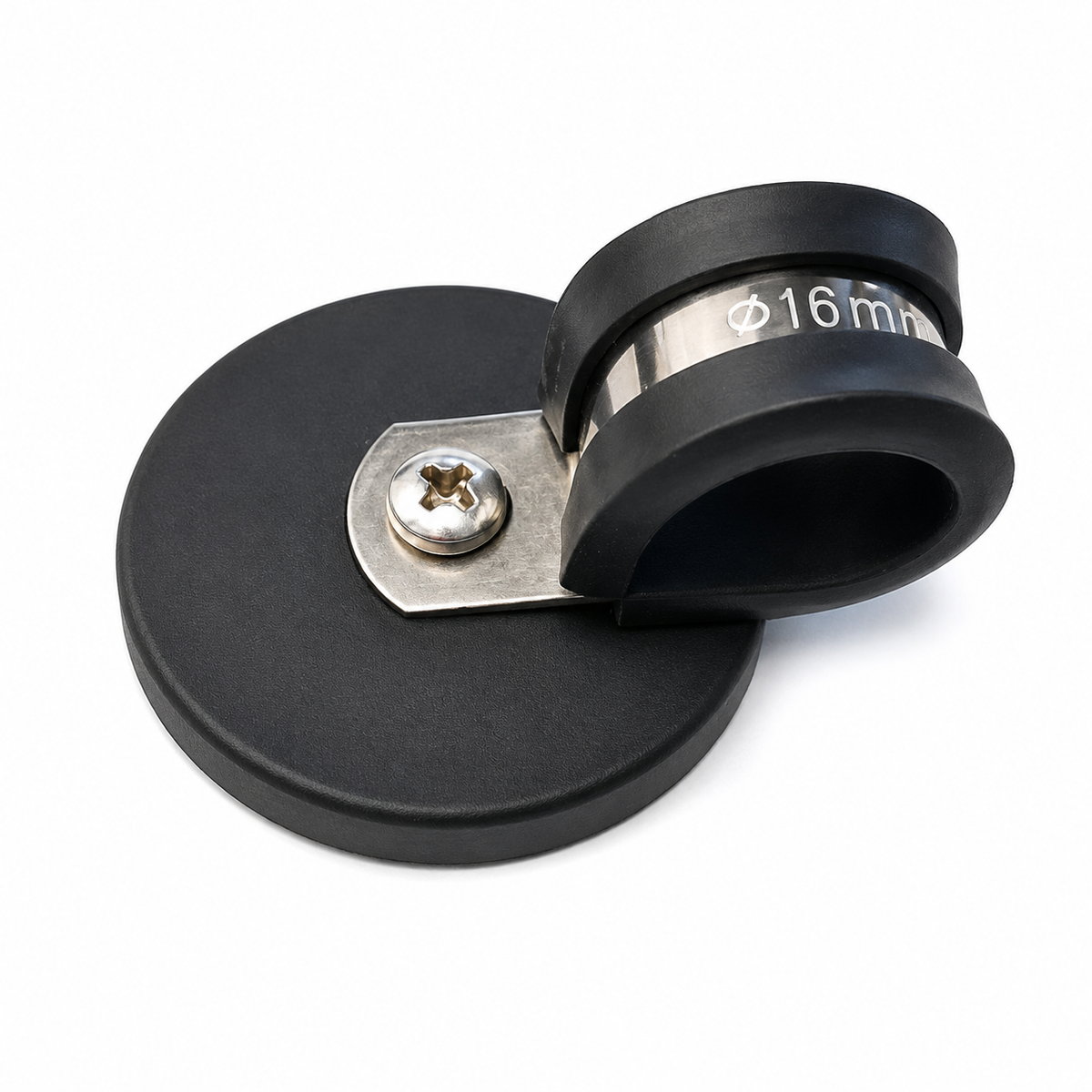 Rubber Coated Neodymium Pot Magnet - D43mm x 30mm with Rubber-Lined P-Clamp