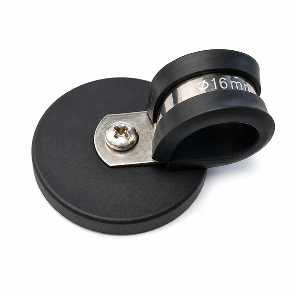Rubber Coated Neodymium Pot Magnet - D43mm x 30mm with Rubber-Lined P-Clamp