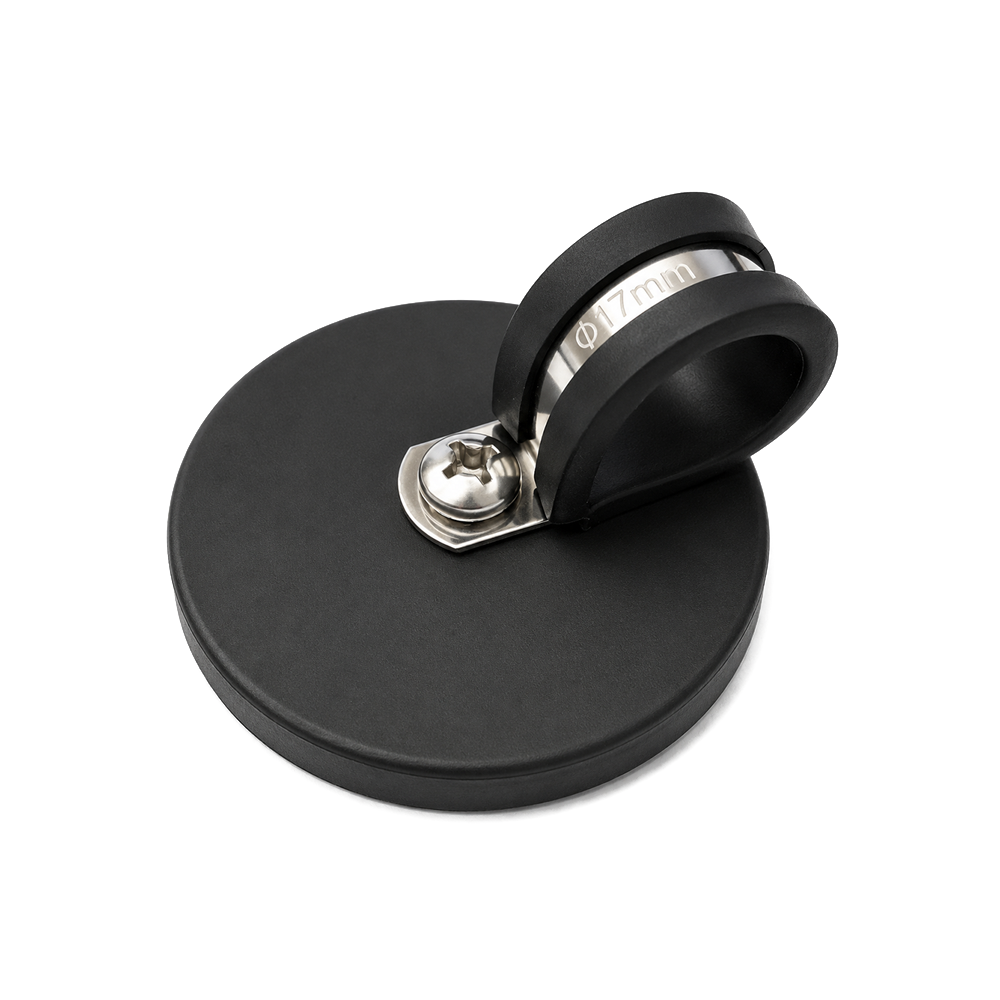 Rubber Coated Neodymium Pot Magnet - D66mm x 40mm with Rubber-Lined P-Clamp