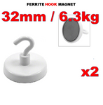 White Ferrite Hook Magnets - 32mm (D) | 6kg Pull Force | Pack of 2