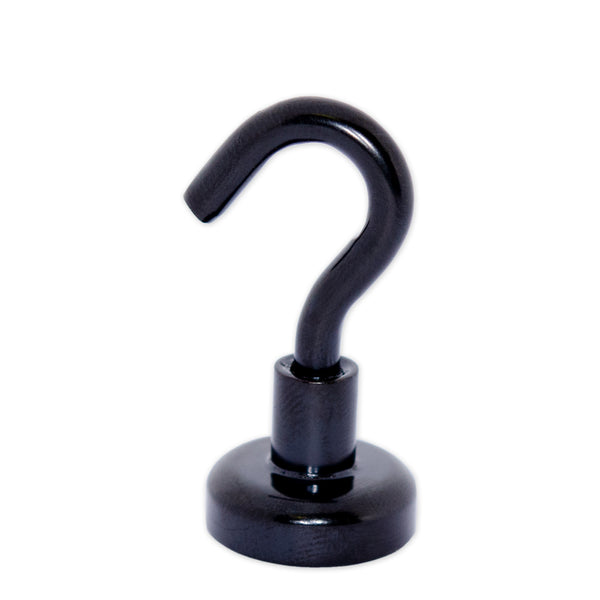 Black Hook Magnet | Neodymium Pot Magnet with Threaded Hook - 16mm (D) x 37mm (H)