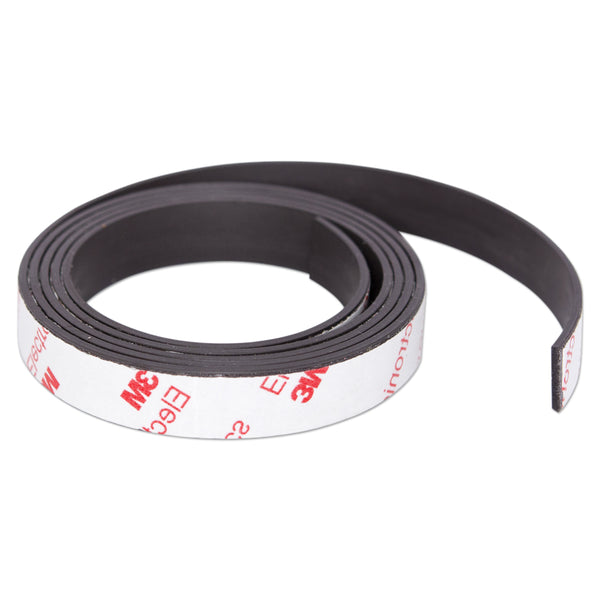 Coiled black magnetic tape with white branding on a white background.