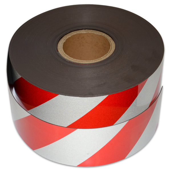 Reflective Magnetic Tape | Hi-Vis Red and White | 75mm x 0.8mm x 45m ROLL